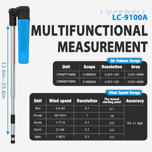 Hot Wire Anemometer Handheld with Bluetooth APP, Telescopic Probe, Air Flow CFM Meter Measures Weed Speed 1-89.5 mph, Low Flow Velocity, Temp, Thermal Anemometer for HVAC, Ducts, Ventilation Systems
