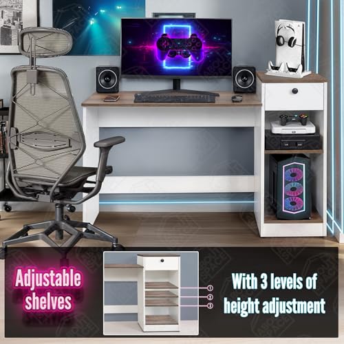Image of ABOUT SPACE Study Table with Drawer - Computer Table with Bottom Storage Space DIY Engineered Wood Office Desk with 2 Adjustable Shelves for PC Laptop Gaming (White, Walnut - L 123 x B 45 x H 89 cm)