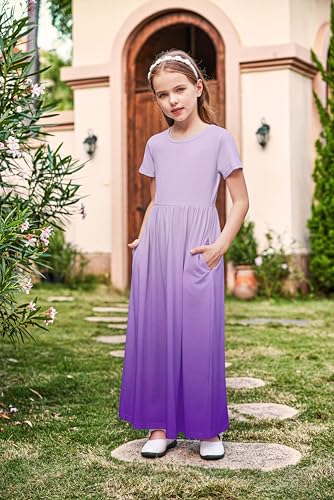 Image of Arshiner Girls Maxi Dress Long /Short Sleeve Casual Holiday Dress with Pockets for 5-13 Years