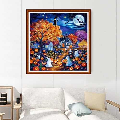 Image of Joyhoor Stamped Cross Stitch Kits for Beginners Needlepoint Kits for Adults Embroidery Kits 11CT Counted Cross Stitch Kits Printed Embroidery Pattern- Magical Halloween 18x18 inchs