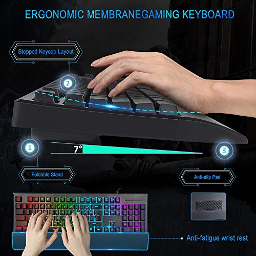Gaming Keyboard and Mouse Combo, MFTEK RGB Rainbow Backlit Gaming Keyboard and Illuminated Gaming Mouse Set, Programmable Keyboard with Wrist Rest for Gaming Office Working - Thumbnail 5