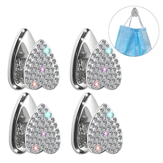 MTGOCHA Bling Mask Hooks for Car Adhesive Hooks Dash,4 Pack Rhinestone Cute Car Mini Hooks for Mask Hanger Car Purse Hooks for Keys Mask Holder Sticky Hook for Car Bling Heart Hooks,Silver