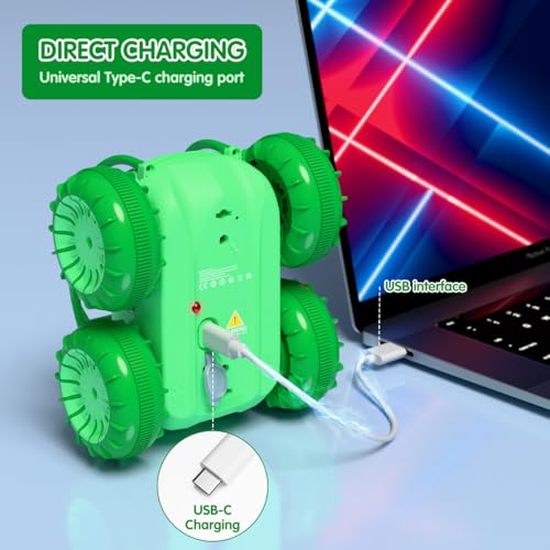 Image of Remote Control Car, Fast Direct Charging RC Cars Amphibious Rechargeable Stunt Car 360 Rotating LED 2.4Ghz 4WD All Terrain Water-Resistant Toy Christmas Birthday Gift for Kids Boys