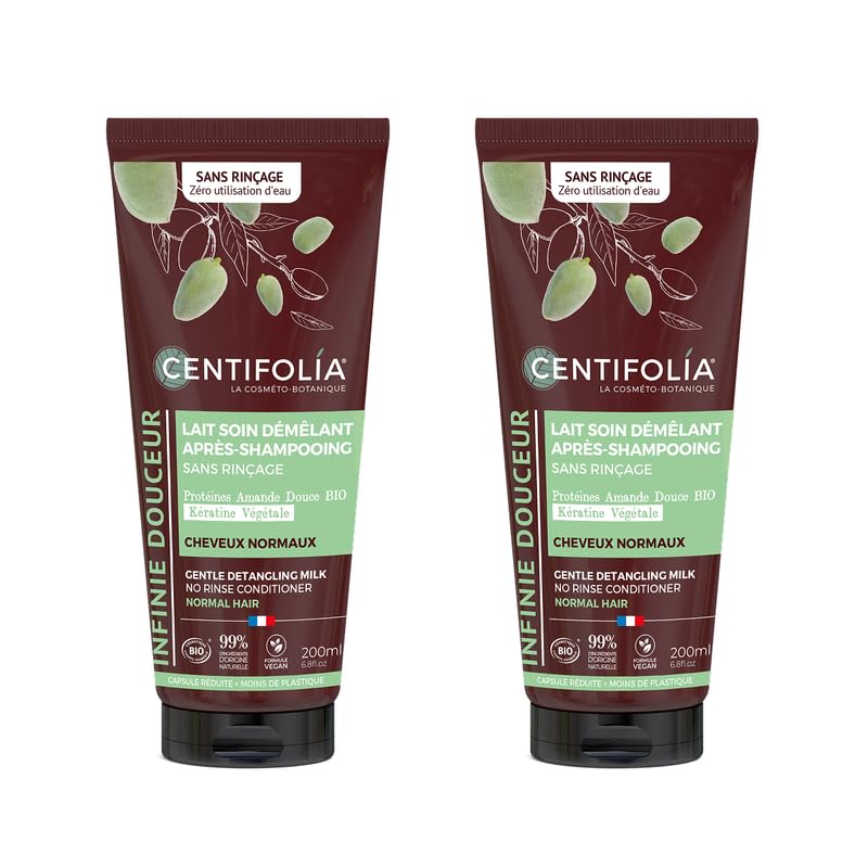 Centifolia | Lot de 2 Laits Soin Démêlants Douceur Sans Rinçage 200 ml | Cheveux normaux | Kératine végétale & Protéines d’amande BIO | Hydrate, démêle et adoucit | Leave-in vegan