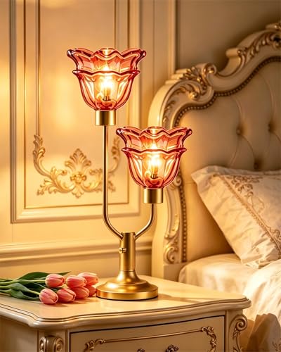 Image of Lightdot Mid Century Modern Flower Table Lamp Vintage Pink Lamp Dimmable | Nightstand Lamp Glass Gold Desk Lamp 2 Bulbs Included Warmwhite Ambient Bedside Lamps for Living Room Bedroom Home Decor Gift