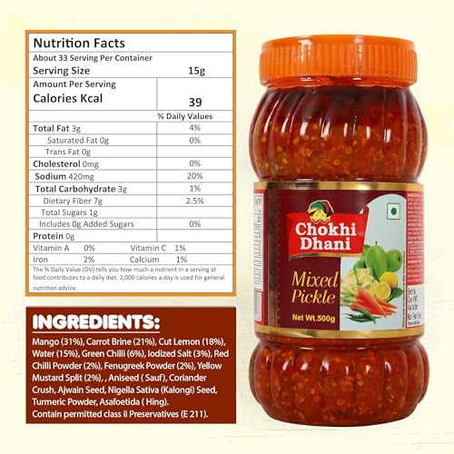 Image of Chokhi Dhani Mixed Pickle 500g | Aam, Nimbu, Hari Mirch & Gajar Achar | Mustard Oil Indian Pickle | Spicy & Tangy | No Artificial Colours or Flavours | Homemade Style