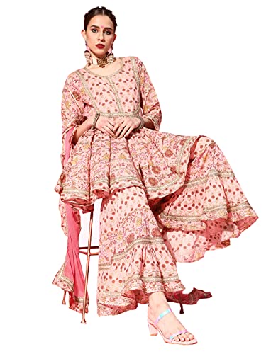 Image of ishin Women's Cotton Peach Embroidered Anarkali Peplum Kurta set With Sharara And Dupatta