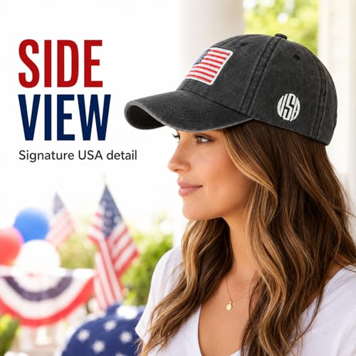 Image of American Flag Baseball Cap for Men Women, Washed Cotton USA Hat, Adjustable Patriotic Cap for 4th of July