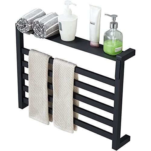 Calentador de toallas negro para baños modernos con estante superior de pared