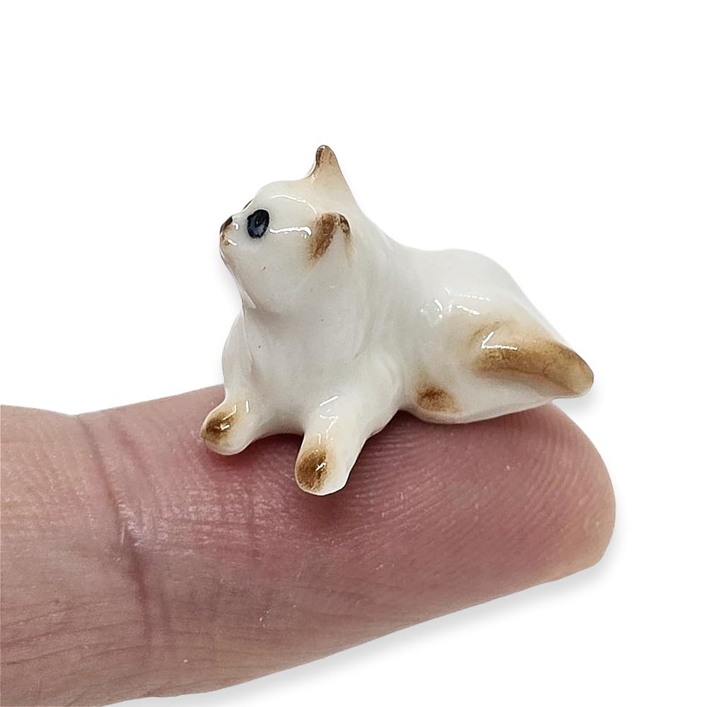 ChangThai DesignTiny ¾ Long White Brown Lying Look Up Himalayan Cat Figurine - Miniature Hand Made Painted Ceramic Cats Kitten Animal Porcelain Cute Decorative Collectible Figurines Home Décor Gift