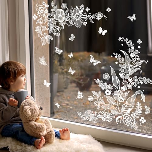 Supzone Fensteraufkleber Weiße Blumen Schmetterlinge Fensterbilder...