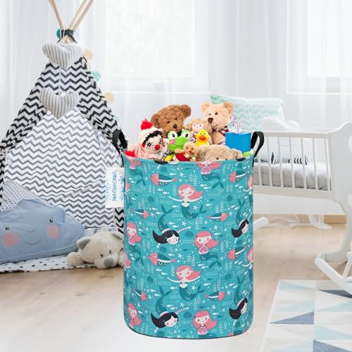 Image of Storage Bin, Canvas Fabric Collapsible Organizer Basket for Laundry Hamper,Toy Bins,Gift Baskets, Bedroom, Clothes,Baby Nursery (Round Mermaid)