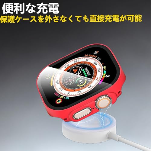 FINEEN アップルウォッチ 防水 カバー Series Ultra3/2/Ultra/11/10/9/8/SE3/SE2/SE/7/6/5/4 49mm 一体型 新デザイン 3D直角エッジ 超薄型 PC+ガラス素材 高透過率 高耐久 全面保護 装着簡単 耐衝撃 対応 Apple Watch ケース(Ultra3/Ultra2/Ultra,49mm，防水のレッド)