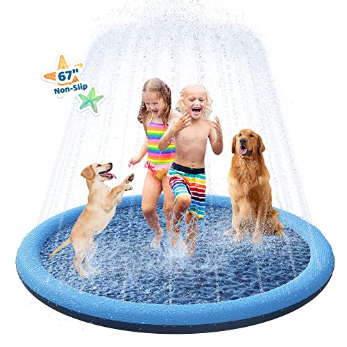 YAUNGEL Non-Slip Splash Pad - 67in Splash Sprinkler Pad for Dogs Kids Toddlers Baby, 0.58mm Thickened Durable and Foldable Dog Pool Summer Outdoor Water Toys Play Mat, Blue