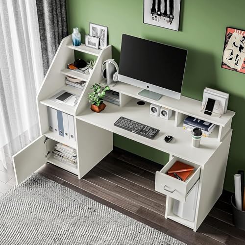Image of Lakdi The Furniture Home & Office Workstation - Modern Computer Desk with Integrated 4-Tier Bookshelf, Monitor Stand Hutch, CPU Storage, and Utility Drawer - Sleek White Finish - 121534336