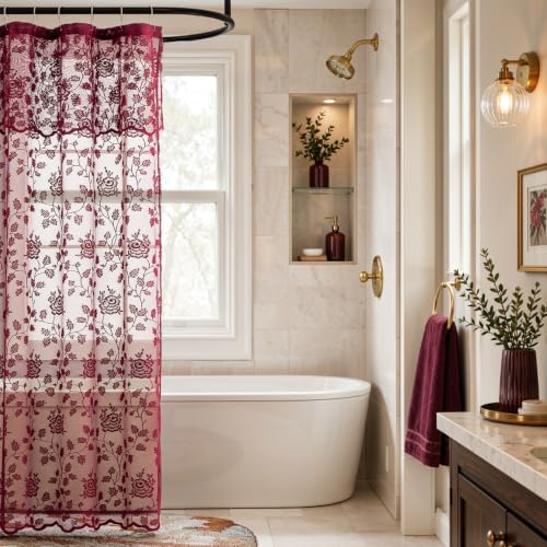 Burgundy Lace Shower Curtain with Attached Valance, 36 x 72 Inch, 1 Panel