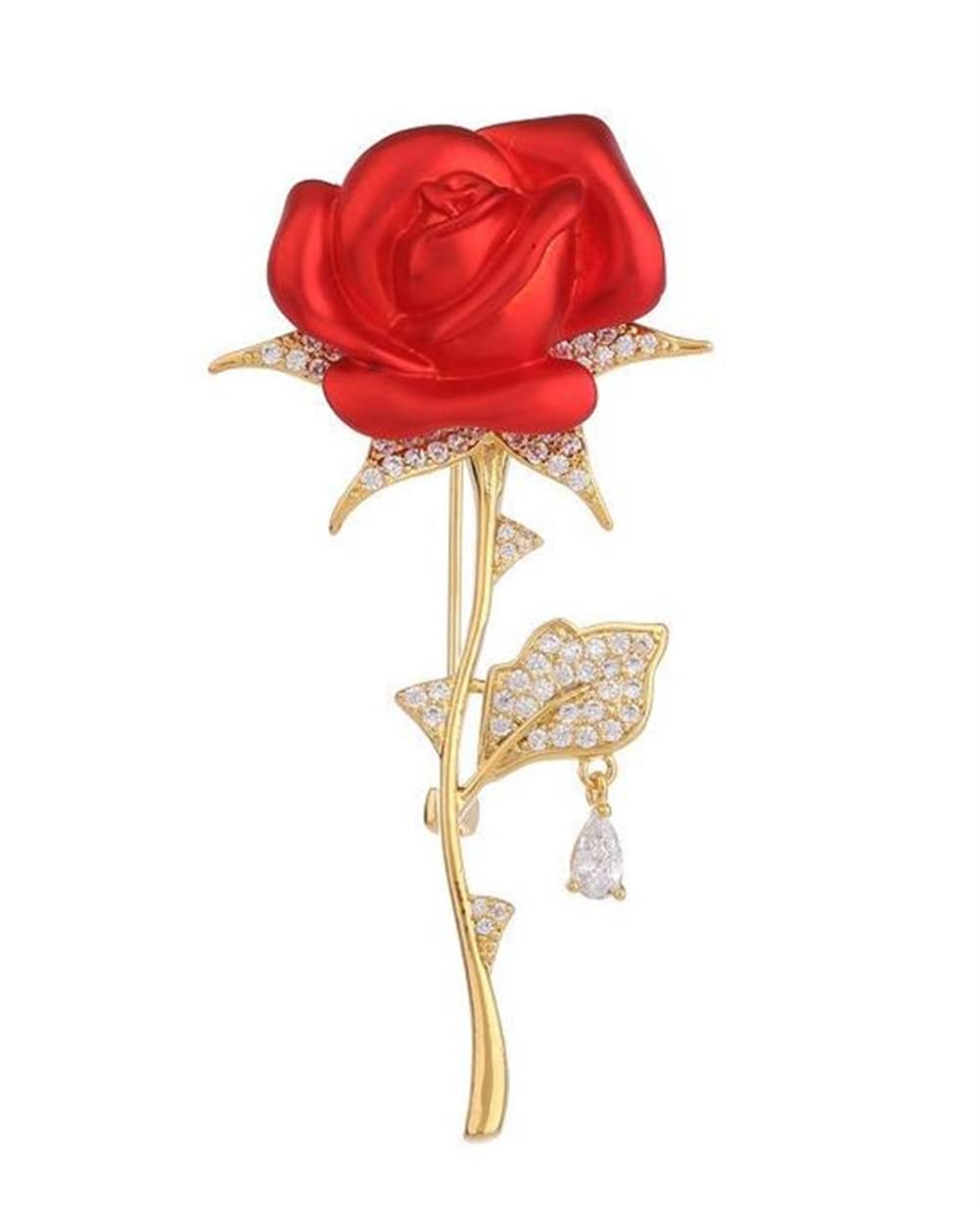 Rhinestone Red Rose Flower Brooch for Women Floral Lapel Pin Wedding Party Badge Wedding Bouquet Brooches Pin for Ladies to Birthday Party
