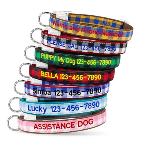 Personalized Dog Collar, Custom Embroidered Name & Phone Number, Plaid Adjustable Dog Collar with Buckle for Small and Large Dogs