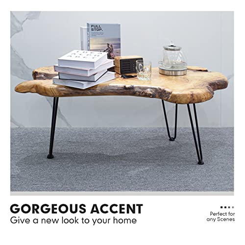 Bteobfy Live Edge Coffee Table, Natural Living Room Coffee Table With Clear Lacquer Finish And Metal Hairpin Legs,Unique Desktop #TOP6
