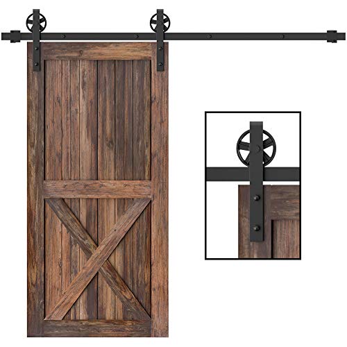 Winsoon Kit de quincaillerie de porte de grange coulissante en bois de 1,2 à 5,5 m - Système de rail plat en acier au carbone pour porte simple avec roues à grands rayons - 1,2 m (noir) Cover