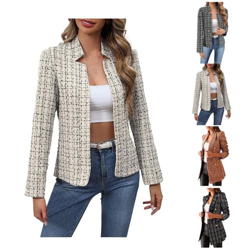 Tweed Blazers for Women Lightweight Plaid Open Front Fully Lined Houndstooth Blazer Business Elegant Work Office Coat - Main Image