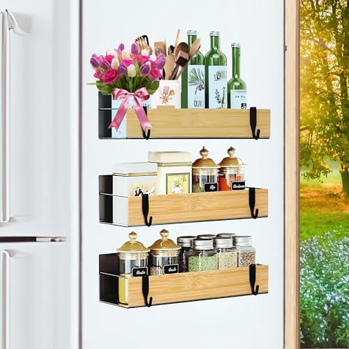 WY Family 4 | 3 Pack Magnetic Spice Storage Rack Organizer for Refrigerator and Oven, Black Fridge Storage, Magnetic Shelf, Spice Rack Organizer, Metal-Bamboo