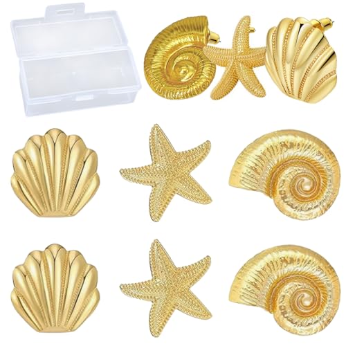 QivaZira 3 Pairs Starfish Conch Seashell Stud Earrings Set for Women Girls Gold Tone Beach Ocean Vacation Fashion Accessories Summer Theme Party Costume Decor Gift Ideas