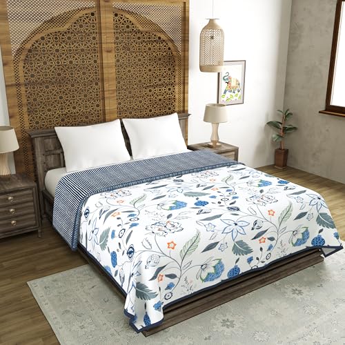 Image of BLOCKS OF INDIA 100% Cotton Dohar King Size Reversible Hand Block Printed Malmal Summer Dohar /Blanket (Blue Anar JAAL)