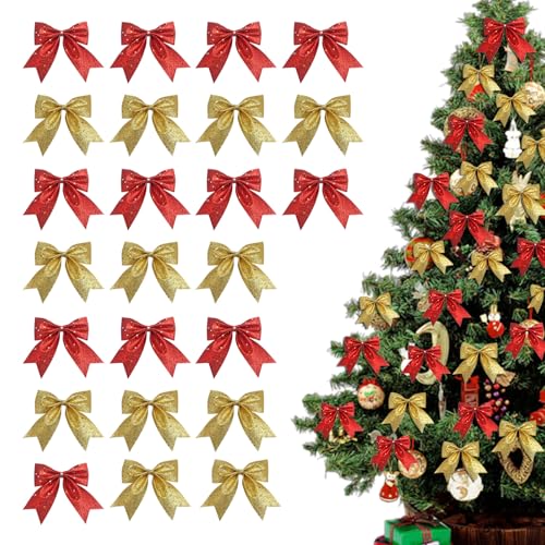 BSITSSS 24 Pièces Arcs de Noël Pailletés, Noeud Papillon Rouge Or 9 x 10cm, Noeud de Ruban pour Decoration Noel Sapin Guirlande Maison Décor de Vacances