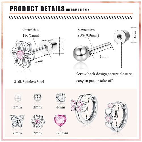Florideco 8Pairs Hypoallergenic Screwback Earrings For Women Stainless Steel Tiny Pearl Butterfly Flower Stud Earrings Cz Screw Back Earrings Set Heart Cute Hoop Earrings #TOP1