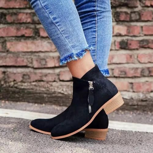 Ankle Boots for Women Low Heel Pointed Toe Arch Support Boots Side Zipper Vintage Faux Leather Damping Shoes Flat Heel Casual Walking Short Booties2