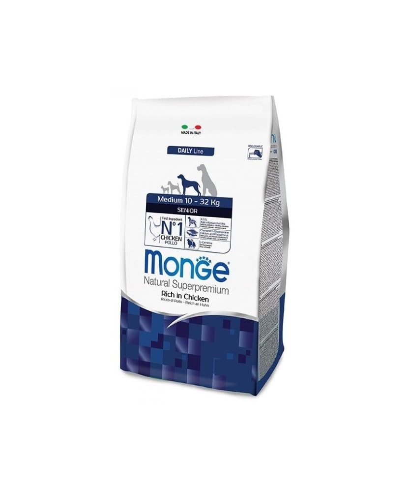 MONGE Cane Natural Superpremium Medium Senior Ricco in Pollo | alimento secco completo per cani adulti anziani di taglia media (10-32 kg), Made in Italy, 1 confezione da 12kg.