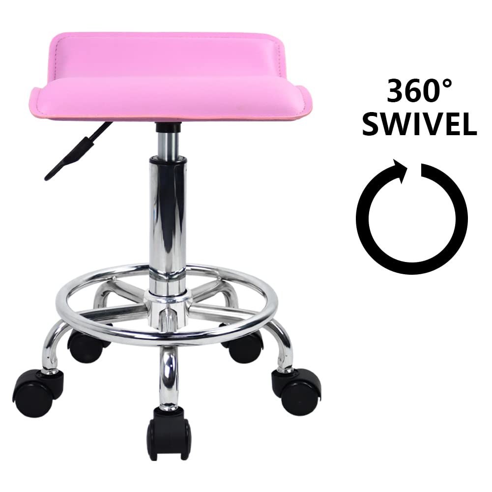 KKTONER Square Height Adjustable Rolling Stool with Foot Rest PU Leather Seat Cushion Spa Drafting Salon Tattoo Work Swivel Office Stools Task Chair Small (Purple Pink)