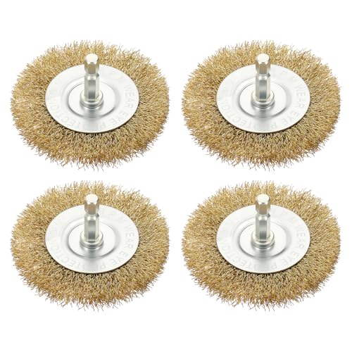 Image of DTGN 75mm Wire Wheel Brush for Drill - 4 Pcs - Coarse Brass-Plating Crimping Drill Wire Brush(0.3mm Brass-Plating Wires) - 6.35mm Hex Shank - Good for Cleaning Rust Paint Abrasive
