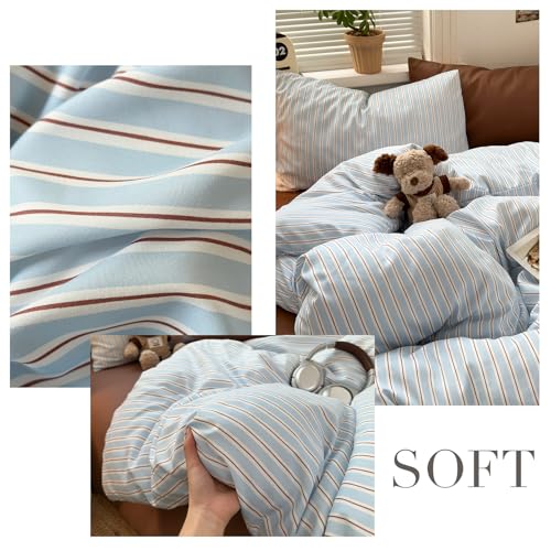 Image of VM VOUGEMARKET Light Blue & Coffee Striped Duvet Cover Set Twin XL,Soft Washed Microfiber Striped Bedding Set,Fresh Casual Neutral Aesthetic Comforter Cover for Girls Boys-68 inchx90 inch