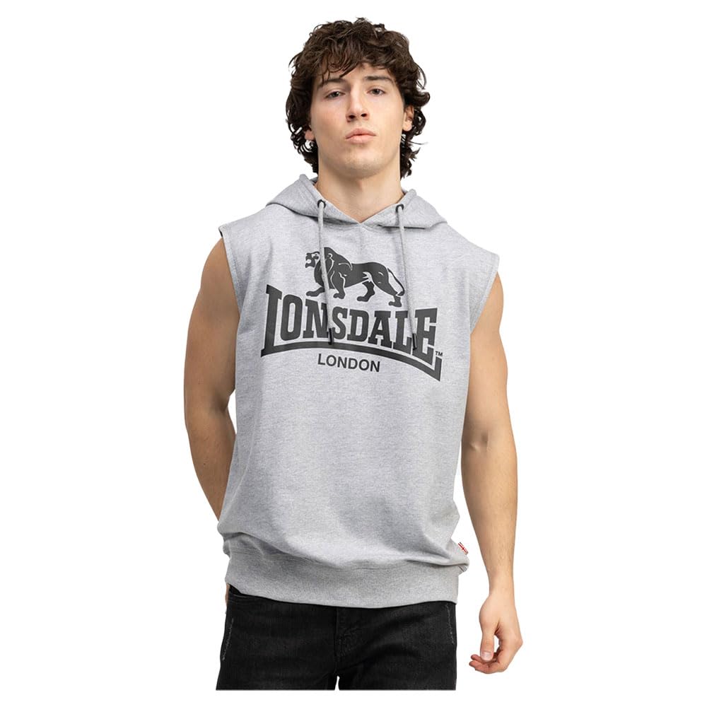 Lonsdale Men's Marl Grey/Black Sleeveless Sweatshirt With Hood Regular Fit Bignor Hooded Sweatshirt (Pack Of 1), Xl