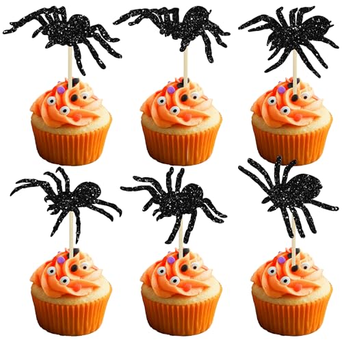 Gyufise 24 piezas de decoración para cupcakes de araña negra con purpurina, decoración de cupcakes de Halloween para Halloween, baby shower, fiesta de cumpleaños, suministros de decoración de pasteles