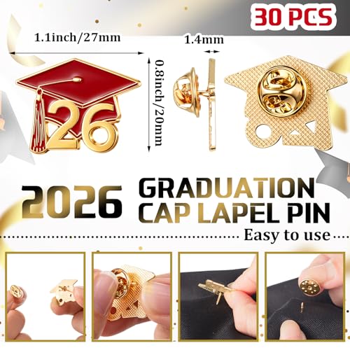 Image of Misdary 30 Pcs Graduation Pins Bulk Class of 2026 Lapel Cap Pin Enamel Jewelry Brooch Graduation Party Favors Gifts for School Student Clothes Bags Decor