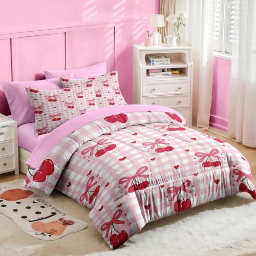 Image of Nesker Bow Comforter Set Twin Size, 5 Pieces Bed in a Bag, Pink Bow Bedding Set for Girls, Gingham Cherry Coquette Comforter Set with 1 Pillowcase & 1 Sham