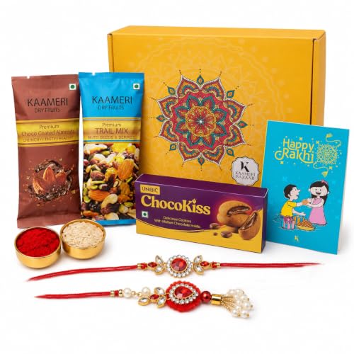 Image of Kaameri Bazaar Rakhi for Brother and Lumba for Bhabhi Hamper Gift Set with Chocokiss Cookies 75g, Trail Mix 35g, Choco Coated Almonds 35g, Roli Chawal, Greeting Card & Premium Gift Box for Raksha Bandhan