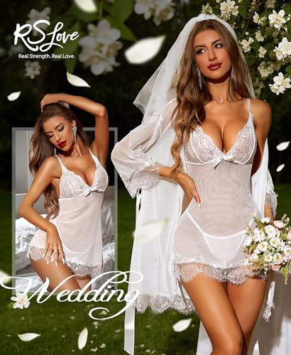 Image of RSLOVE Women Sexy Lingerie Set 3 Piece Babydoll & Lace Kimono Robe Strap Chemise Sleepwear Mesh Nightgown