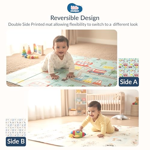 Image of Kids Station Double-Sided Waterproof Baby Playmat - Foldable, Portable & Reversible Foam Mat for Infants, Toddlers & Kids - Soft, Non-Slip, Easy-to-Clean Baby Crawling Mat for Indoor /Outdoor Use (200x150x0.8cm, City & Rocket Print)