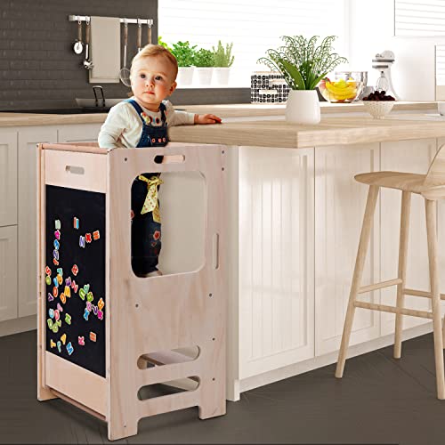 Image of Kitchen Step Stool for Toddler with Kids,Wooden Montessori Learning Stool,with Drawing Board and Educational Number Stickers & Slide,Help Children Stand Tower and Improving Enlightenment Education