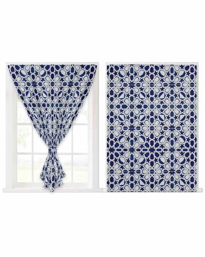 Navy Blue Geometric Self Adhesive Portable Curtains for Windows, Thermal