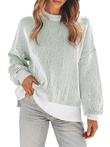 Image of Womens Sweaters Fall 2026 Clothes Oversized Striped Knit Top Winter Outfits | ETCYY Long Sleeve Colorblock Pullover Tops,Fall Sweaters For Women Trendy,Casual Work Office,Cream,Cute Oversized Sweater