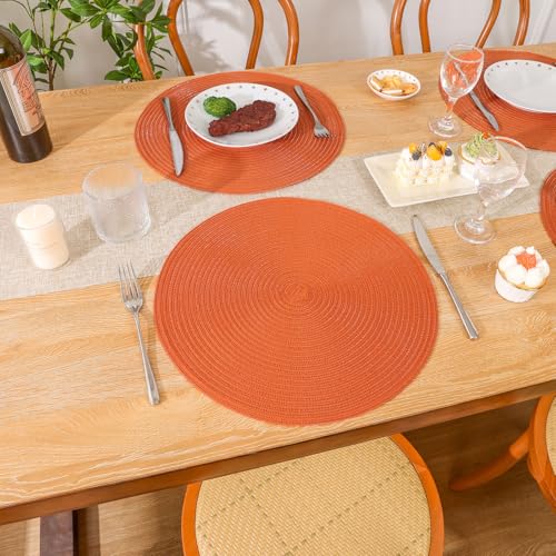 Image of SHACOS Round Placemats Set of 4 for Dining Table Autumn Fall Round Braided Place Mats Washable Non Slip Kitchen Table Mats Decor, Bright Orange