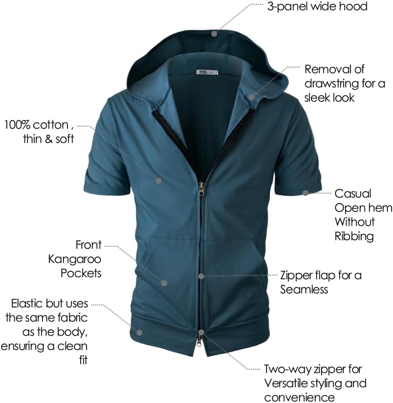 Ohoo Mens Comfortable Zip Up Hoodie Short Sleeve Lightweight Thin 100% Cotton Double Slide Zipper Jacket - Image 6