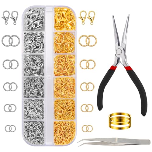 JOLCEEY Jump Rings Kit Silver Gold Open Jump Rings with Jewellery Pliers for Jewellery Making Bracelet Earring Necklace Repair (4mm 5mm 6mm 8mm 10mm)
