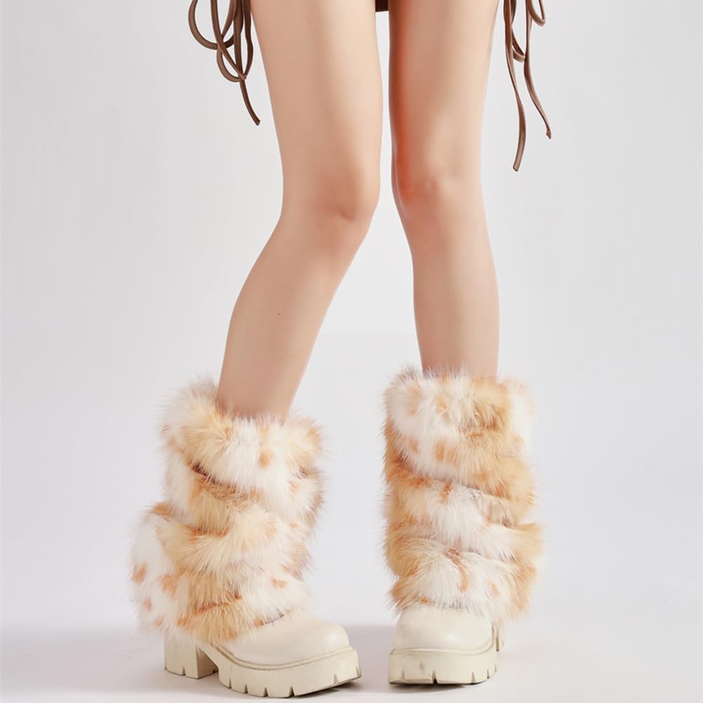 [QRUENNTG] レオパードプリントのフェイクファーファジーレッグウォーマー 女性用 フラフィソフトファッションブーツカフ ファ