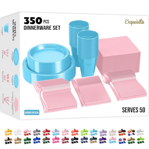 Image of Exquisite 350 Pcs Gender Reveal Plates and Napkins Party Supplies Plate Set | Sturdy Plastic Dinnerware Set With 9 inch & 7 inch Plates, 12 Oz Cups, Lunch Napkins and Cutlery Serves 50 for Birthdays & Everyday